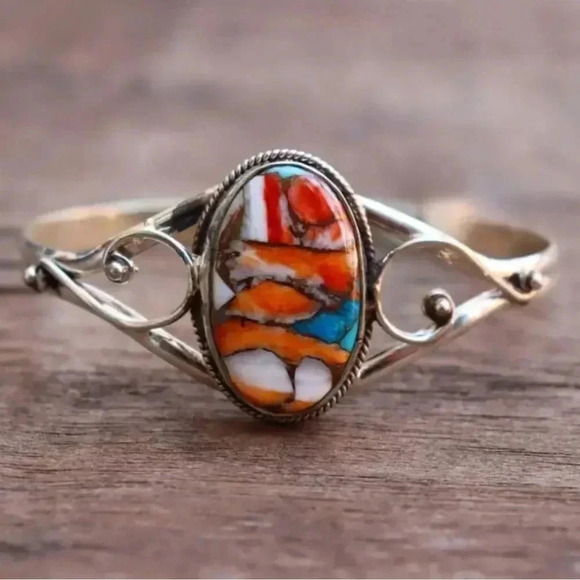 Oval turquoise bangle vintage texture fo daily wear adjustment - Picture 1 of 3